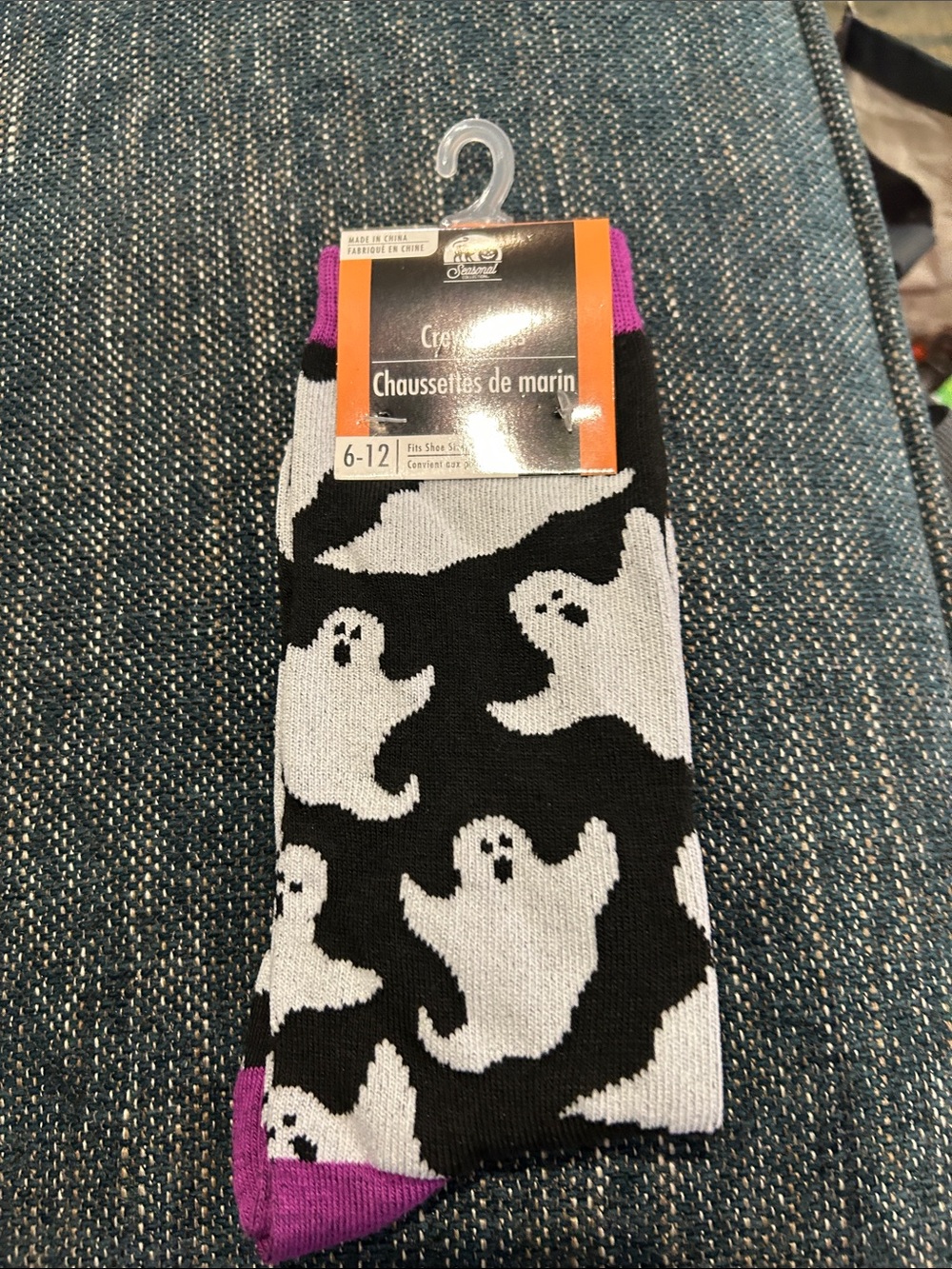 Women's Ghost Pattern Crew Socks in Black, White & Purple